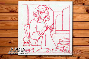 Woman in a Little Bookstore Knitting